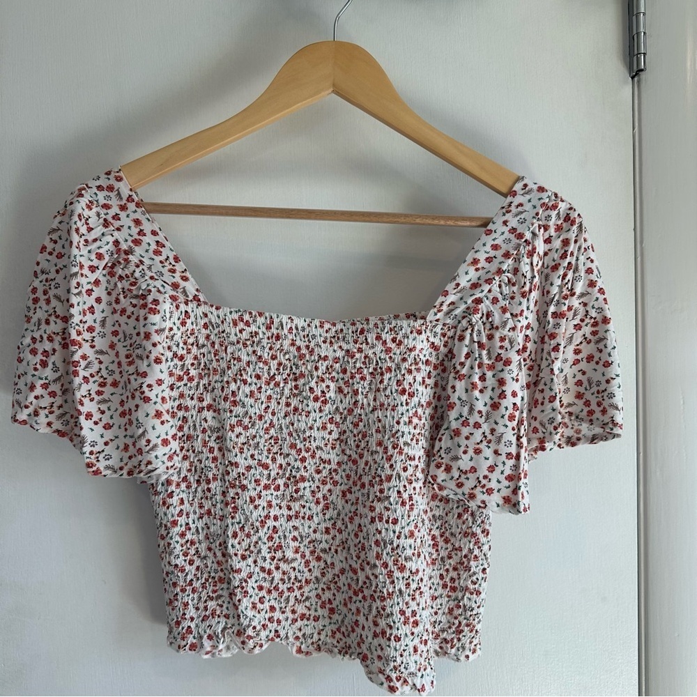 Japna Smocked Crop Top. Size: Medium. White with Red Flowers.